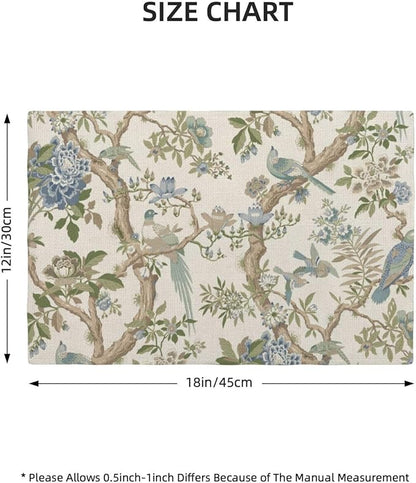 Blue Green Chinoiserie Placemats Set of 4 Spring Vintage Bird Flower Decor Place Mats 12x18 Inch Floral Seasonal Decorative Linen Table Mats for Home Kitchen Dining Party Table Decoration
