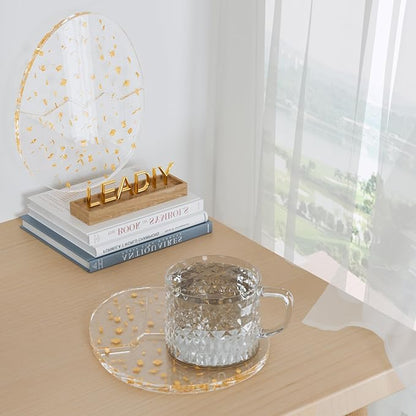 Acrylic Coaster Decorative Plates,2Pcs/Set Office Desk Accessories, Clear Dinosaur Egg Shape Coffee Cup Decor, Perfect for Tabletop Protection and Display.（Gold）