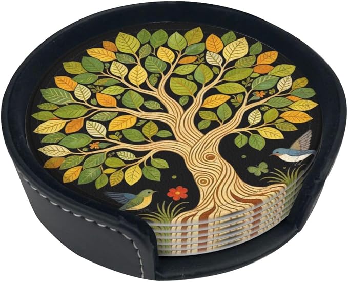 Drink Coasters with Holder Stand Set of 6, Tree of Life Vintage Pu Leather - Image 6