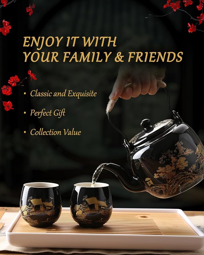 Dujust Japanese Tea Set, 6 Tea Cups, 1 Tea Tray, 1 Stainless Infuser, Beautiful - Image 2