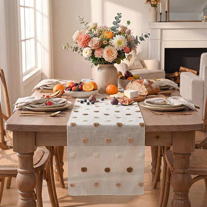 Artoid Mode Beige Coffee Brown Pom Pom Tulle Table Runner, Seasonal Washable - Image 2