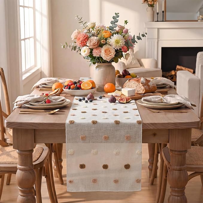 Artoid Mode Beige Coffee Brown Pom Pom Tulle Table Runner, Seasonal Washable - Image 2