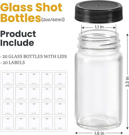 20 PACK 2 oz Glass Shot Bottles w/ Black Lids & 20 Labels - Image 2