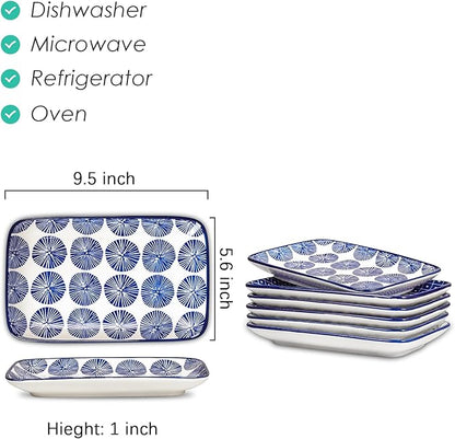 Selamica Ceramic 9.5 Inch Large Rectangular Salad Plates, Dinner Plates, Pasta Dessert Plates Serving Platters and Trays for Appetizer, Sushi, Fruit, Set of 6, Vintage Blue
