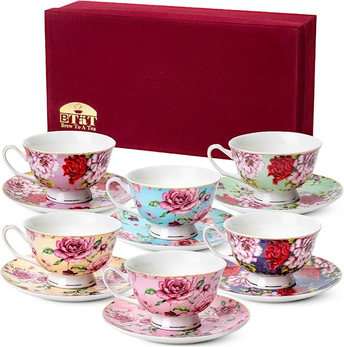 BTaT- Floral Tea Cups and Saucers, 8 oz, Fine Porcelain Teacup Set by BrewToATea