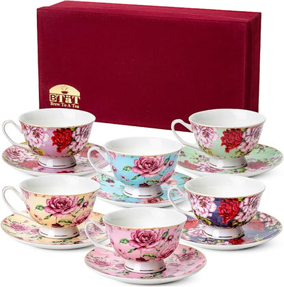 BTaT- Floral Tea Cups and Saucers, 8 oz, Fine Porcelain Teacup Set by BrewToATea