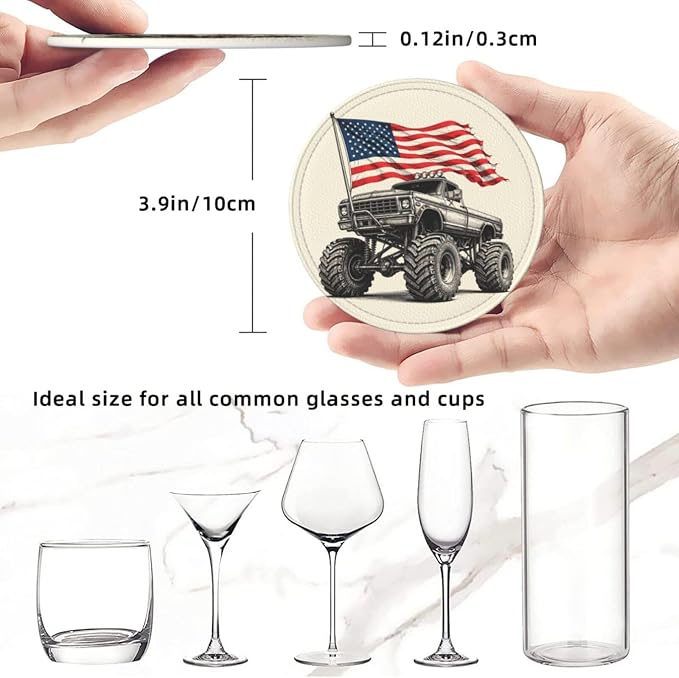 Patriotic Monster Truck Flag Art Leather Coasters Set of 6 - Image 5