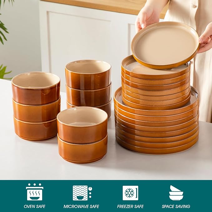 vancasso ONION Ceramic Plates and Bowls Sets, 24 Pieces Brown Dinnerware Sets - Image 4
