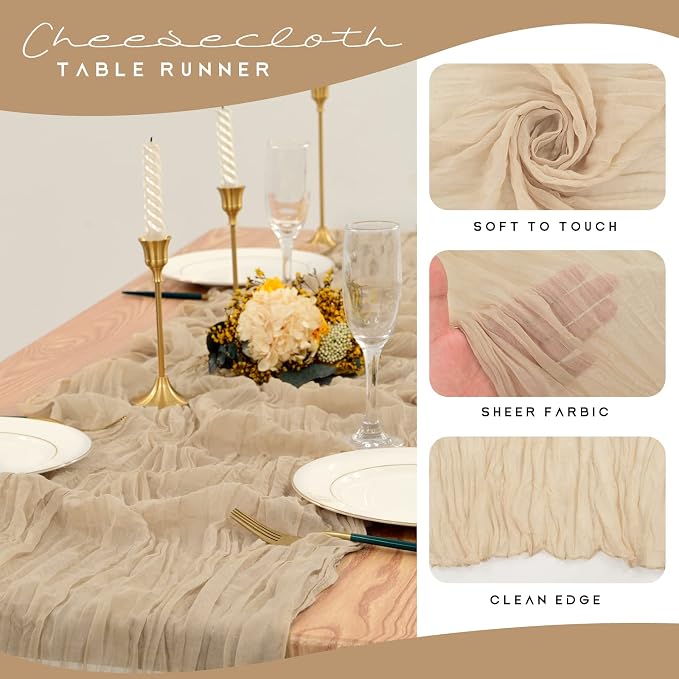 YMHPRIDE 12 Pack Cheesecloth Table Runner 35x120in Beige Table Runner | Boho - Image 4