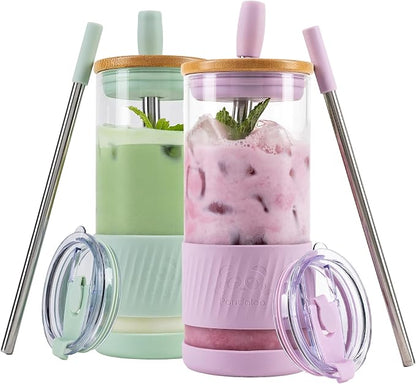 Pandaloo® Glass Cups With Lids and Straws -20 Fl Oz- Perfect Size Iced Coffee by Pandaloo