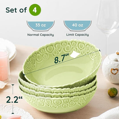 HOMBENE Heartbeat Pasta Bowls Set of 4, 40oz, Porcelain Wide and Shallow, Soup, Pasta, Noodle, Dinner, Large Salad Bowls Soup Bowl for Kitchen, Microwave & Dishwasher Safe (Mint Glow Green)
