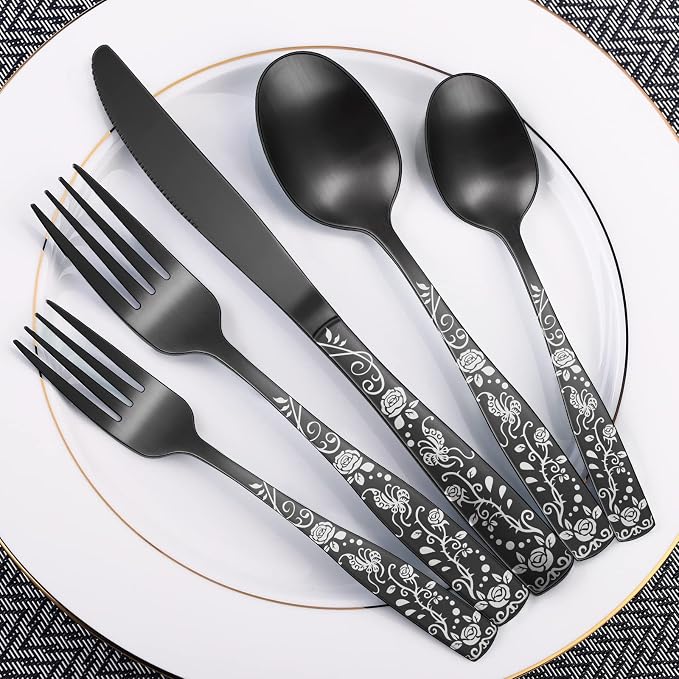 Matte Black Rose Flower Pattern Silverware Set - Image 7
