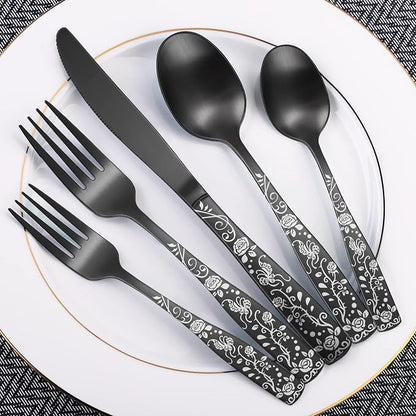 Matte Black Rose Flower Pattern Silverware Set - Image 7