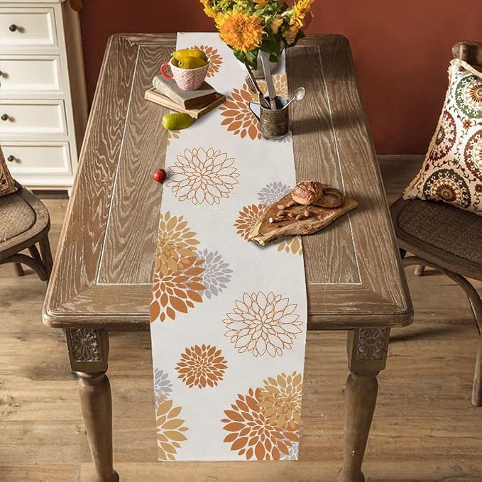 Fall Table Runner Orange Grey Dahlia Pinnata Floral Table Runners Modern - Image 4
