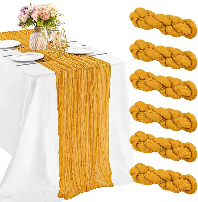6 Pieces Mustard 10FT Cheesecloth Table Runner Boho Gauze Fabric Table Runner by JALANCY