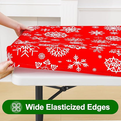 Smiry Plastic Christmas Tablecloth, Snowflake Waterproof Elastic Fitted Table Covers, Wipeable Flannel Backed Vinyl Tablecloths for Christmas Dinner, and New Year Celebration (Red, 30x72 Inches)