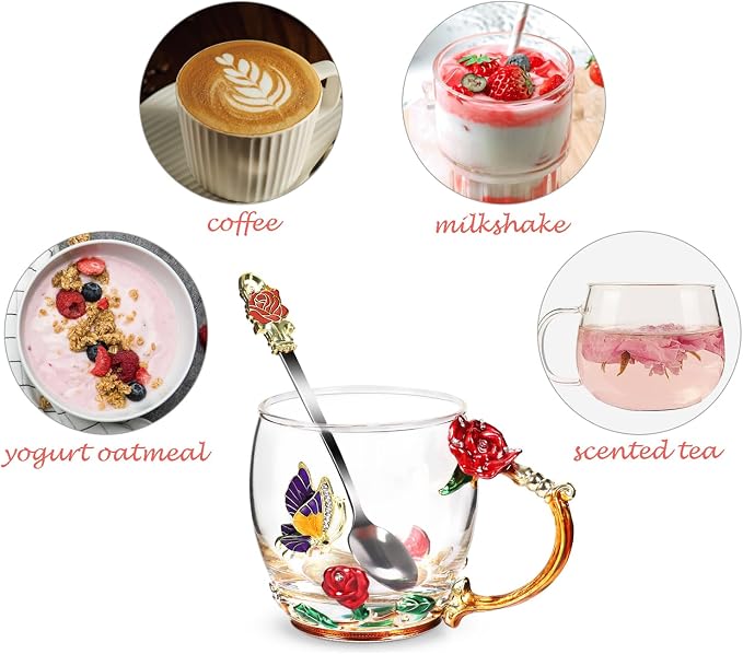 Flower Tea Cup, Butterfly Rose Clear Glass Fancy Coffee Mug - Image 3