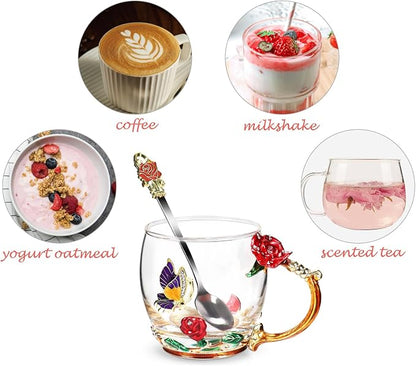 Flower Tea Cup, Butterfly Rose Clear Glass Fancy Coffee Mug - Image 3