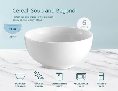 KooK Ceramic Cereal Bowls, Microwave, Dishwasher and Freezer Safe, Porcelain Dishes for Soup, Pasta, Salad, Oatmeal, Deep Interior, 24 oz, Set of 6, Marshmallow White