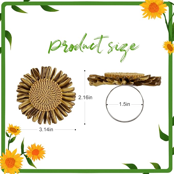 Handmade Sunflower Napkin Rings Set of 8, Bronze Raffia Daisy Napkin Ring - Image 7