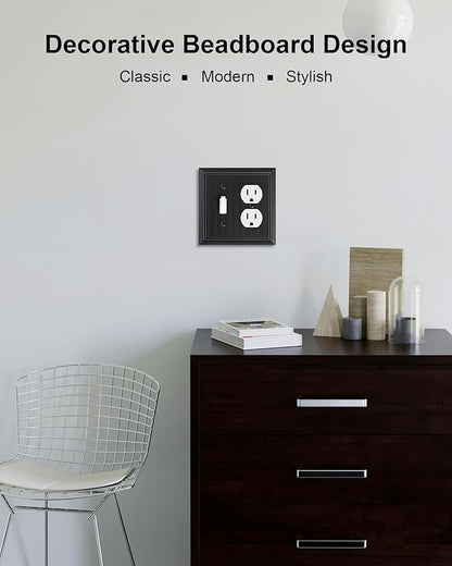 2-Pack Classic Beadboard Combo Toggle/Duplex Light Switch Cover Plate, Matte Black Outlet Cover Plate, Natural Bamboo Fiber Decorative Wall Receptacle Cover for Electrical Outlets, Light Switch