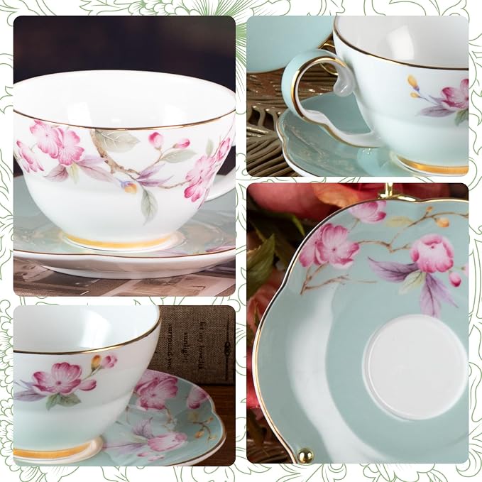 KAMMAK Tea Cups Set of 2, Ceramic Floral Pattern Demitasse Cup | Porcelain - Image 3