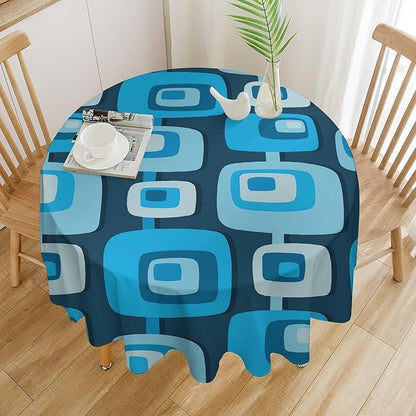 Mid Century Boho Round Tablecloth, Blue Mid Century Modern Art Abstract Geometric Pattern Retro Vintage Style Tablecloth for Home Party Dining Room Kitchen Decor 60Inch(152cm)