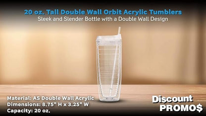 DISCOUNT PROMOS Tall Orbit Acrylic Tumblers 20 oz. Set of 10, Bulk Pack - Perfect for Iced Coffee, Soda, Other Hot & Cold Beverages - Clear