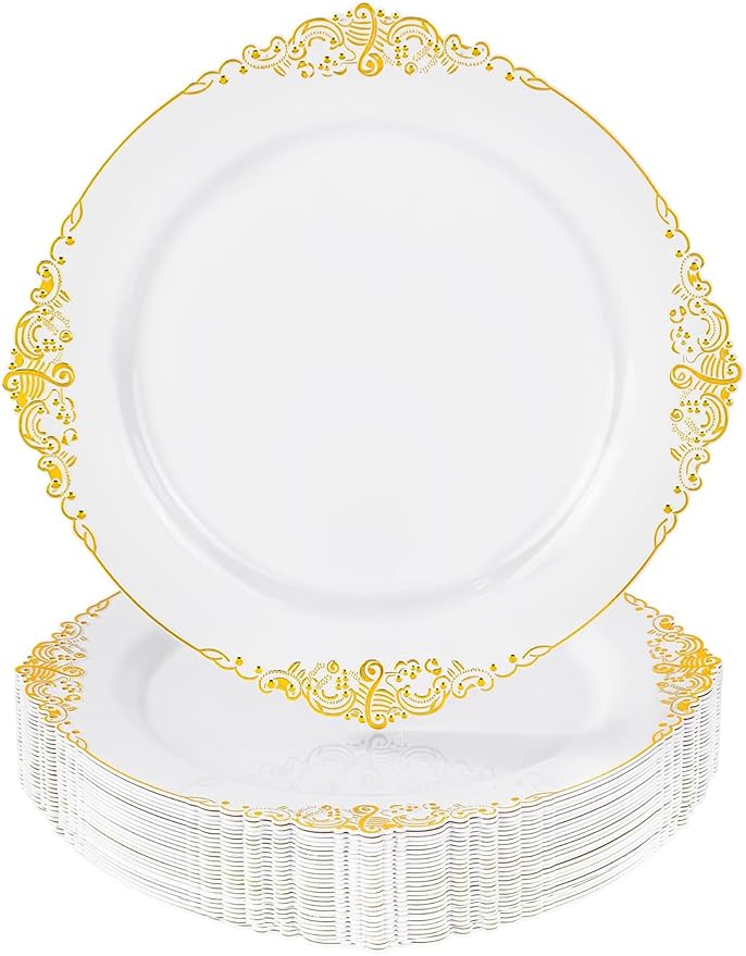 25 Pack 10.5 Inch golden Rim Plastic Plates, Heavy Duty Disposable White by Unknown