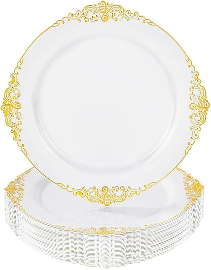 25 Pack 10.5 Inch golden Rim Plastic Plates, Heavy Duty Disposable White by Unknown
