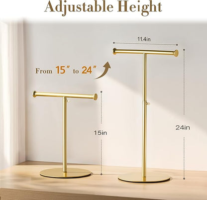 niffgaff T Bar Purse Display Stand Tabletop: Adjustable Height Handbag Holder, Countertop Hanging Rack for Long Necklace Scarf Lanyard, Gold