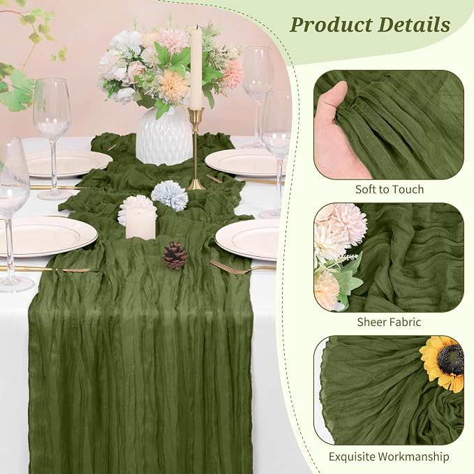 Pesonlook Cheesecloth Table Runner Olive Green, 10 Pack 17.7x108 inch, Long | - Image 3
