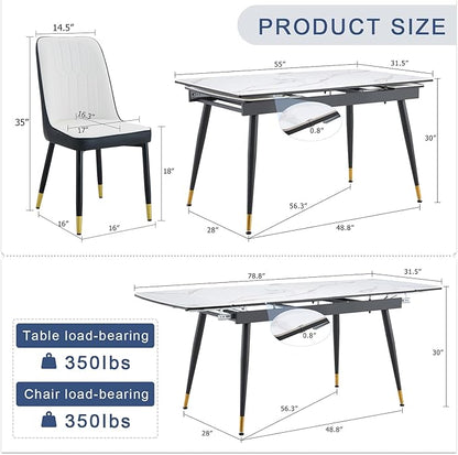 Extendable Dining Table Set for 8, 55'' to 78.8'' Rectangular Thickened Sintered Stone Kitchen Table with 8 Upholstered Chairs, Modern Space Saving 9-Piece Dinner Table Set