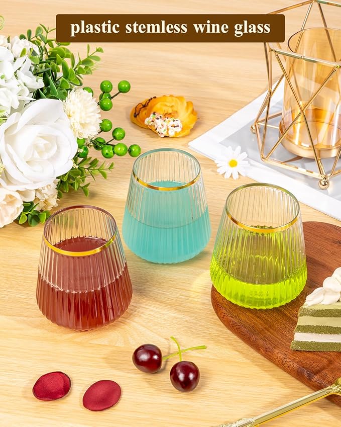Goodluck 120 Pack 12oz Stemless Ribbed Plastic Wine Glasses Gold Rim | Clear - Image 4