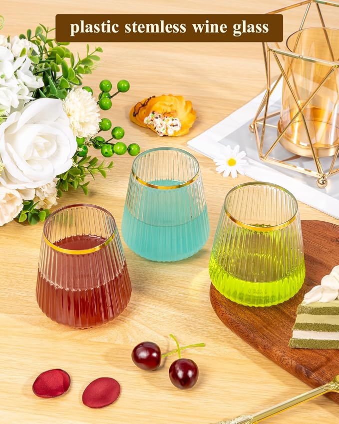 Goodluck 80 Pack 12oz Stemless Clear Ribbed Plastic Wine Glasses Gold Rim | - Image 4