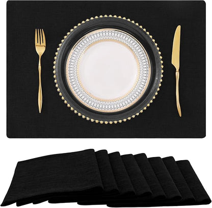 homing Cotton Linen Placemats Set of 8, Cloth Washable Farmhouse Dining Table Mats for Indoors & Outdoors, Easy to Clean, Black, 13 x 19 Inch