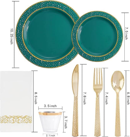 FLOWERCAT 175PCS Marrs Green Plastic Plates with Gold Rim&Christmas Plates&Green and Gold plastic Plates&Gold Plastic Silverware - Ideal for Wedding,Spring Party,St. Patrick's Day