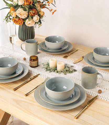 Ceramic Dinnerware Set for 4, 12-Piece Plates and Bowls Set | Lightweight - Image 6