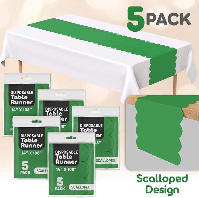 Green Scallop Table Runner, Disposable Plastic, 5 Pack - Image 2