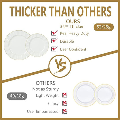120PCS Ivory White Plastic Plates, Heavy Duty Disposable Party Plate with Gold Rim, Fancy 60 Dinner & 60 Dessert Plates for Parties and Wedding