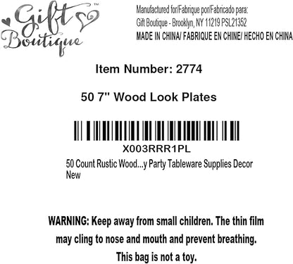 Gift Boutique 50 Rustic Wood Grain Dessert Paper Plate 7" Disposable Brown Wooden Slice Plate for Camping Hunting Lumberjack Birthday Party Supplies