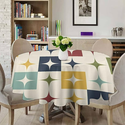 Middle Century Modern Round Tablecloth, Retro Mid Century Geometry Abstract Bohemia Tablecloth for Home Party Dining Room Kitchen Decor 60Inch(152cm)