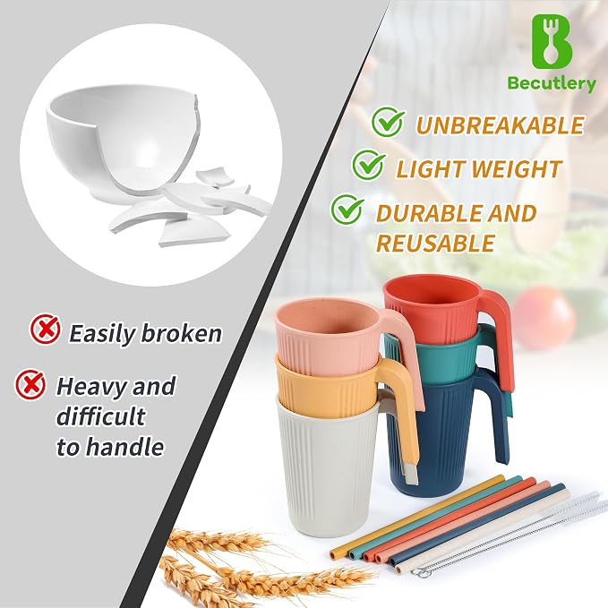 Wheat Straw Coffee Mugs 6-Pack– Unbreakable & Lightweight Cups, 12oz Stackable - Image 6