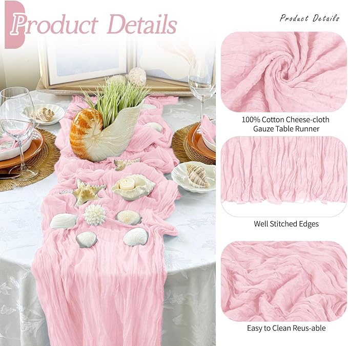 6 Pack Light Pink Cheesecloth Table Runner 17x108 Inch Semi Sheer Boho Gauze - Image 3