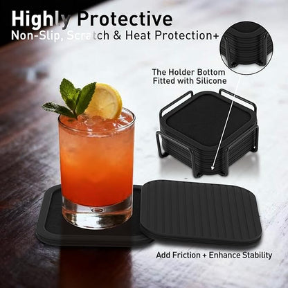 Lexenic Absorbent Coasters with Holder, Silicone Coasters Set of 6 with Removable Felt Insert, Cup Coaster for Drinks, Easy Grip, Tabletop Protection, Home Decor Coaster for Coffee Table,Bar & Kitchen