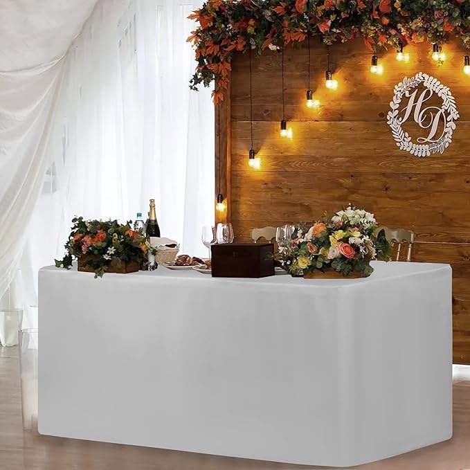HolidayIdeas Fitted Silver Grey Table Covers - 96 x 30 Inch - 2 Pack Rectangle Tablecloths for 8 Foot Folding Tables, Polyester Fabric Tablecloth for Parties, Farmers Market, Trade Show
