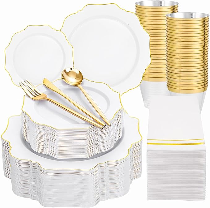 350PCS White and Gold Plastic Plates by WDF