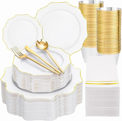 350PCS White and Gold Plastic Plates by WDF