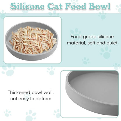 Silicone Cat Food Bowls Shallow Cat Dishes 5.9in Wide Pet Plates Set of 2 Small Flat Dog Saucer Bowl Cute Whisker Fatigue Kitten Feeding Dish for Dry & Wet Food (Round Grey)