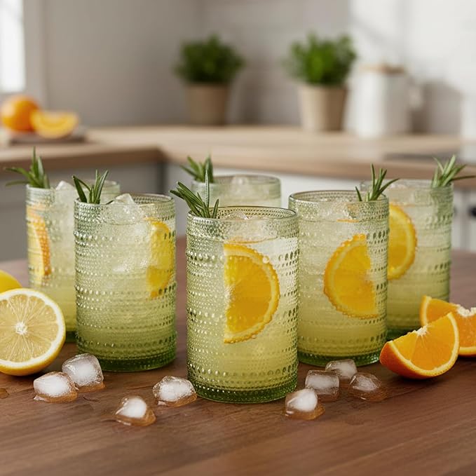 Moretoes 15oz Green Hobnail Drinking Glasses Set of 6 | Vintage Highball Glass - Image 5